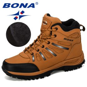 BONA New Designers Popular Trekking Shoes Men Leather Climbing Sport Sneakers Man Zapatillas Outdoor Hombre Hiking Shoes (Color: Earth yellow, size: 10)