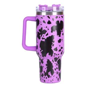 40oz 5D cowprint Insulated Tumbler With Handle And Straw Lid Portable Large Capacity water bottle, Heat preservation (Color: Purple cow print)