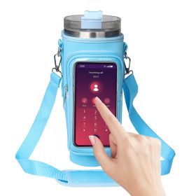 Water Bottle Carrier Bag with Touch Screen Phone Pocket for Stanley 40oz Tumbler (Color: Blue)