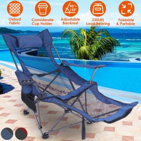 Foldable Camping Chair 330LBS Load Heavy Duty Steel Lawn Chair Collapsible Chair with Reclining Backrest Angle Cup Holder Pillow Side Pocket Carry Bag (Color: Blue)