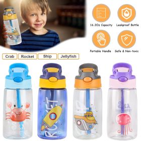 16.2Oz Leak-proof Kids Water Bottle with Straw Push Button Sport Water Bottle for Kids Crab Ship Jellyfish Rocket (Pattern: Ship)